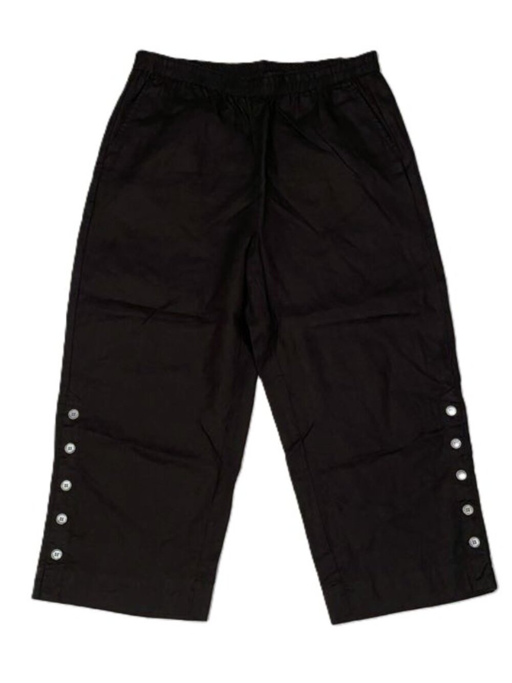 John Mark 100% Linen Pants Womens L Black Cropped Accent Buttons Pockets Pull On